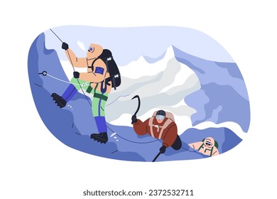 Alpinistas en montaña en vacaciones de invierno. Equipo alpinista escalando en la cima de la nieve, roca nevada. Actividades deportivas extremas en tiempo frío. Ilustración vectorial gráfica plana aislada en fondo blanco