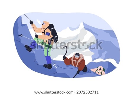 Climbers on mountain on winter holiday. Alpinists team climbing on snow peak, snowy rock. Extreme sports activity in cold weather. Flat graphic vector illustration isolated on white background