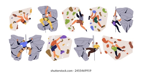 Climbers on rock cliffs, bouldering walls set. Mountain climbing up, extreme sport activity. Mountaineers athletes on ropes training indoors and outdoors. Flat graphic vector illustration isolated