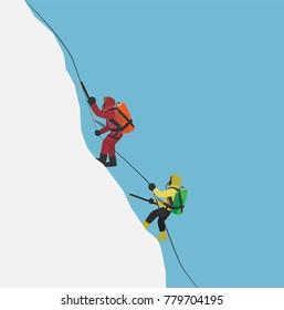 climbers with oxygen backpacks climbing to summit of mountain in winter season, cartoon vector