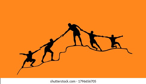 Climbers people human chain team building vector silhouette. Man help friends to climbing on top of hill. Together synergy concept. Evacuation after disaster. Cooperation, solidarity in hard situation