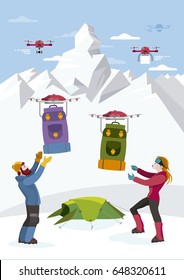 Climbers Receive Backpacks by Drones. Another drone is prepared to film their climb.
