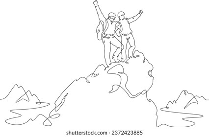 Climbers at the top. Climbing in the mountains in a group. Mountaineering.Mountain climb.Scenery. Hiker helping friend reach the mountain top.One continuous line. Linear. Hand drawn, white background