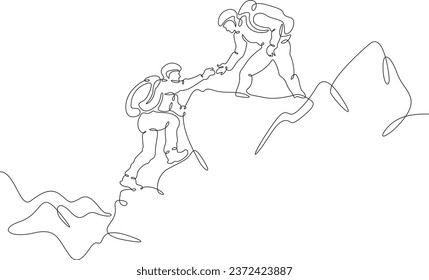 Climbers at the top. Climbing in the mountains in a group. Mountaineering.Mountain climb.Scenery. Hiker helping friend reach the mountain top.One continuous line. Linear. Hand drawn, white background