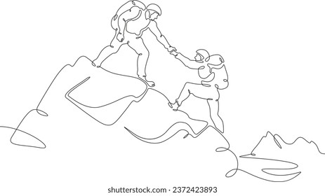 Climbers at the top. Climbing in the mountains in a group. Mountaineering.Mountain climb.Scenery. Hiker helping friend reach the mountain top.One continuous line. Linear. Hand drawn, white background