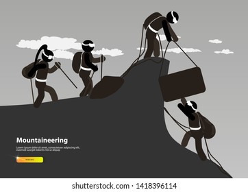 climbers at the top of the slope raise a large box. Vector banner