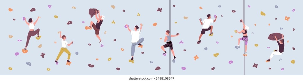 Climbers training in bouldering gym on banner. People climbing up on artificial rock wall in sport park. Men and women mountaineering, goes alpinism indoor with equipment. Flat vector illustration