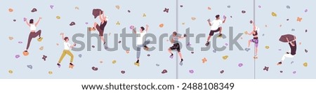 Climbers training in bouldering gym on banner. People climbing up on artificial rock wall in sport park. Men and women mountaineering, goes alpinism indoor with equipment. Flat vector illustration