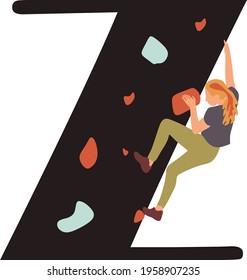 Climbing abc, rock climber silhouette alphabet, z letter vector illustration 