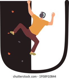 Climbing abc, rock climber silhouette alphabet, u letter vector illustration