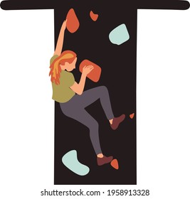 Climbing abc, rock climber silhouette alphabet, t letter vector illustration