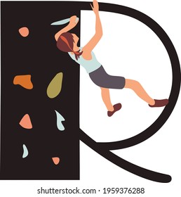 Climbing abc, rock climber silhouette alphabet, r letter vector illustration