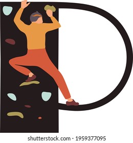 Climbing abc, rock climber silhouette alphabet, p letter vector illustration