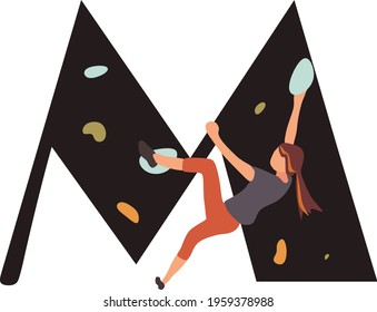 Climbing abc, rock climber silhouette alphabet, m letter vector illustration