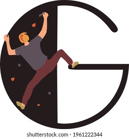 Climbing abc, rock climber silhouette alphabet, g letter vector illustration