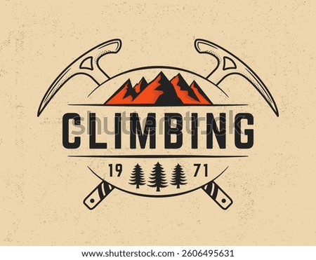 Climbing adventure emblem with crossed ice axes, red mountain peaks and pine trees, perfect for hiking badges, expedition gear or mountaineering branding. Vector outdoor adventure logo