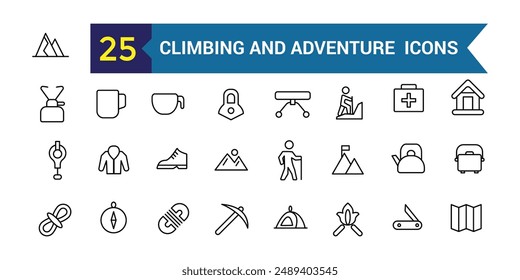 Climbing and adventure line icon set. Outline icon collection. Editable vector stroke.