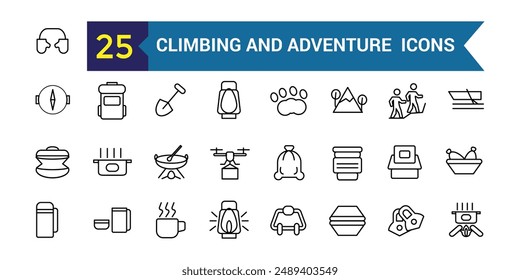 Climbing and adventure line icon set. Outline icon collection. Editable vector stroke.