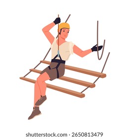 Climbing adventure in summer rope park of young woman. Back view of girl wearing safety belt and helmet for height danger protection, climber standing on tree wooden platform cartoon vector