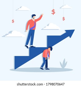 Climbing ahead of career ladder concept. Lets rise to financial business success at expense of their colleagues successful character rises fame along vector arrow standing on shoulders of friend.