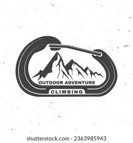 Climbing badge, logo design. Vector. Concept for shirt or logo, print, stamp or tee. Vintage typography design with mountain and carabiner silhouette. Outdoors adventure