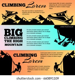Climbing banners collection with black silhouettes. Vector adventure banner, illustration of climbing mountain poster