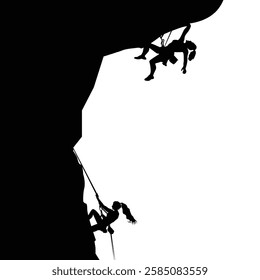 Climbing black silhouette, climbers climbs on rock cliff, endurance athlete and mountaineer, trekking and scaling, climb balance, travel movement, vector illustration