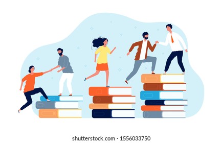 Climbing books. Peoples in library going top. Education vector concept