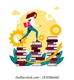 Climbing Books. Woman In Library Going Top. People Climbing Books. Business Success, Education Level, Staff And Skill Development Vector Concept. Businessman Going Up The Stairs Which Made From Books.