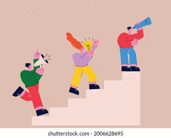Climbing business ladder, career growth, marketing agency, teamwork, company employees working together, business strategy, promotion, leadership flat vector illustration