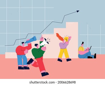 Climbing business ladder, career growth, marketing agency, teamwork, company employees working together, business strategy, promotion, leadership flat vector illustration