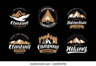 Climbing, camping logo or emblem. Hiking label set. Vintage vector