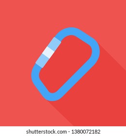 Climbing carbine icon for web design with long shadow. Сarabiner for mountaineering on a red background. Vector illustration.