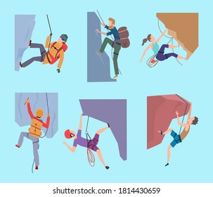 Climbing characters. Sport rocking people walking in mountain extream male and female climbers hikers vector set