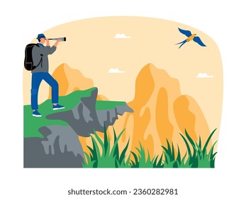 Subiendo un acantilado para hacer observación de aves con binoculares de lente única, ilustración vectorial.