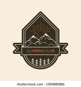 Climbing club badge design. Black and white line art illustration. Mountain trekking and hiking emblem