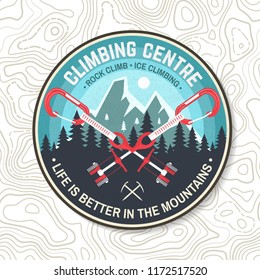 Climbing Club badge. Vector. Concept for shirt or logo, print, stamp or tee. Vintage typography design with carabiners, climbing cams, hexes and mountain silhouette. Extreme adventure.