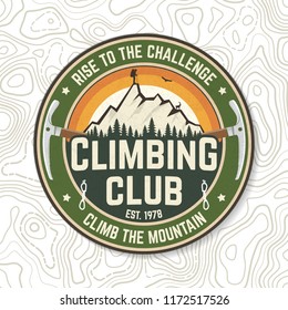 Climbing club badge. Vector. Concept for shirt or logo, print, stamp or tee. Vintage typography design with ice axe, rock climbing Goat and mountain silhouette. Outdoors adventure emblem.