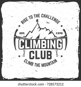 Climbing club badge. Vector. Concept for shirt or logo, print, stamp or tee. Vintage typography design with ice axe, rock climbing Goat and mountain silhouette. Outdoors adventure emblem. 