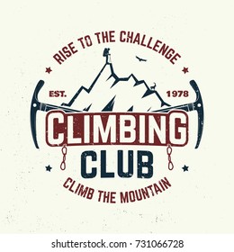 Climbing club badge. Vector. Concept for shirt or logo, print, stamp or tee. Vintage typography design with ice axe, rock climbing Goat and mountain silhouette. Outdoors adventure emblem