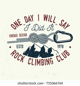 Climbing club badge. Vector. Concept for shirt or logo, print, stamp or tee. Vintage typography design with ice axe, rock climbing Goat and mountain silhouette. Outdoors adventure emblem.