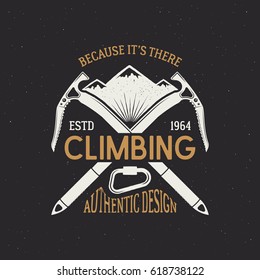 Climbing club emblem design. Vintage colors logo isolated on dark background. Mountains with letterpress effect and ribbon. Vector illustration.