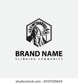 climbing community logo design with mountain and river elements
