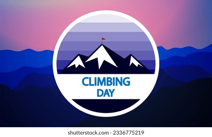 Climbing day mountain top with flag, vector art illustration.