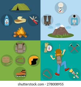 Climbing design concept set with mountain camping and hiking equipment flat icons isolated vector illustration