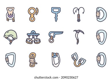 Climbing equipment color vector doodle simple icon set