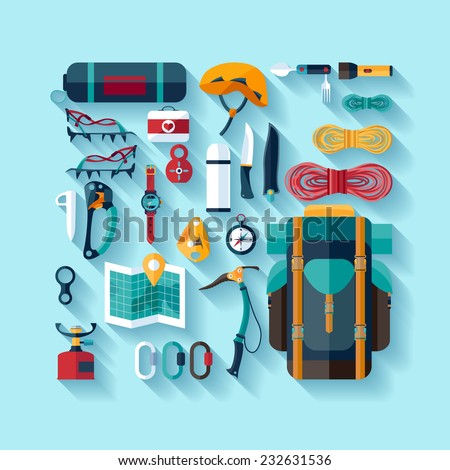 Climbing equipment. Flat design.