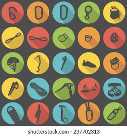 Climbing equipment and gear flat icons vector set