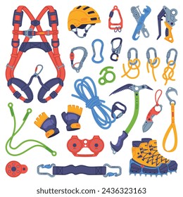 Climbing Equipment with Rope, Pickaxe and Safety Harness Vector Set
