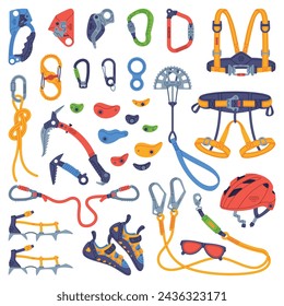 Climbing Equipment with Rope, Pickaxe and Safety Harness Vector Set